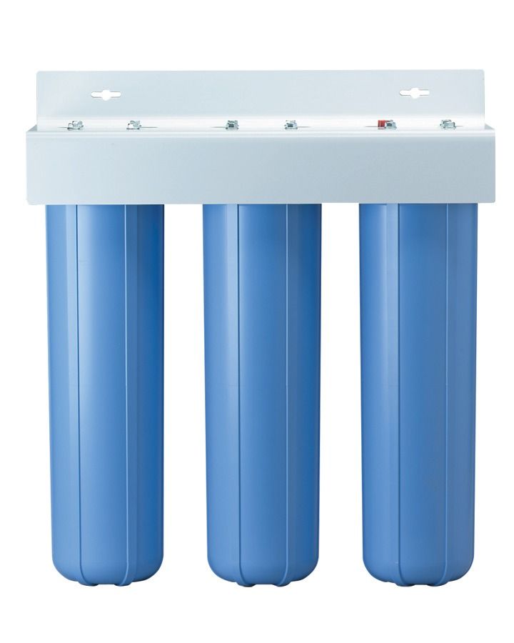 Triple-canister water filter system, blue canisters, white mounting bracket.