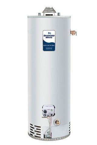 Tall, cylindrical water heater with a blue and white label, vents, and controls.