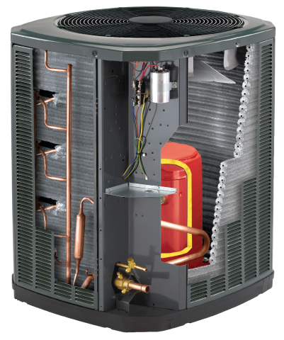 Cutaway view of an air conditioner showing internal components, including copper tubing, a compressor, and coils.