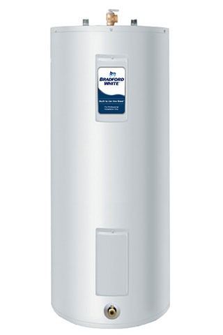 Electric water heater, tall cylindrical tank, white exterior, with top and bottom connections.
