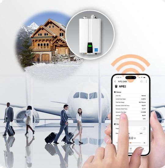 A person using a smartphone to control a water heater. The heater is in a home. People are in an airport.