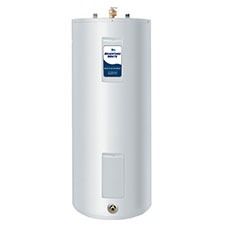 A tall, cylindrical electric water heater, white exterior, label on front, brass fittings on top.