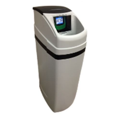 White water softener with a black top and a green-screen display.