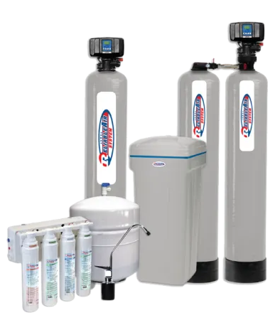Water filtration system components, including tanks, filters, and a storage unit.