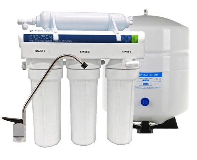 Reverse osmosis water filtration system with three filters, tank, and faucet.