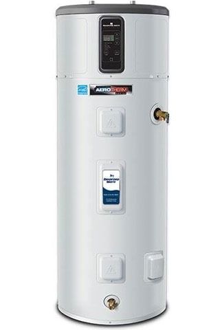 Tall white electric water heater with digital display and access panels.