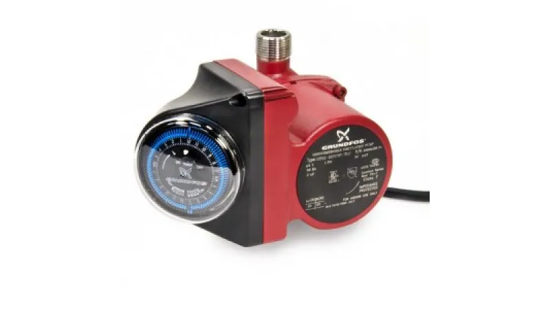 Red and black Grundfos circulator pump with a blue dial.