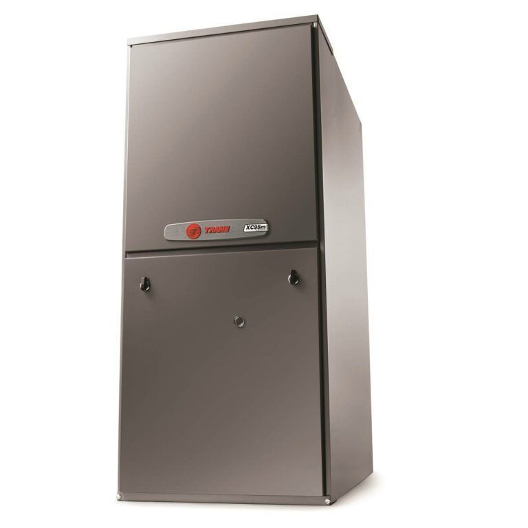 A gray Trane brand furnace.