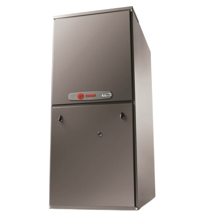 Gray Trane furnace against a white background.