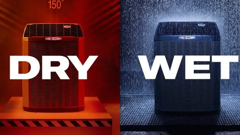 HVAC unit shown in dry and wet conditions, under 150 degrees. 