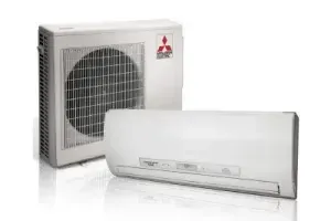 Mitsubishi ductless air conditioner system: outdoor and indoor units, white.