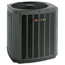 Dark gray Trane air conditioning unit with fan on top, outdoors.
