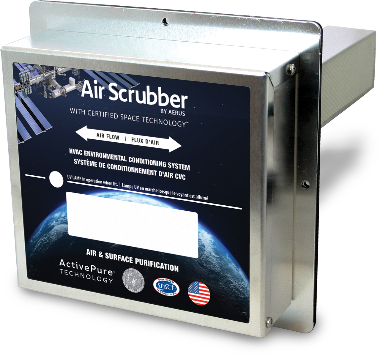 Silver air scrubber with blue and white label,