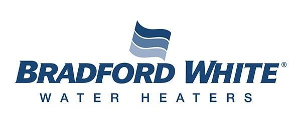 Bradford White Water Heaters logo with blue wavy lines symbol above text.