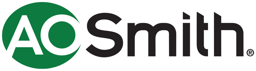 AO Smith logo. Green circle with white "AO," followed by black "Smith." Registered trademark symbol.