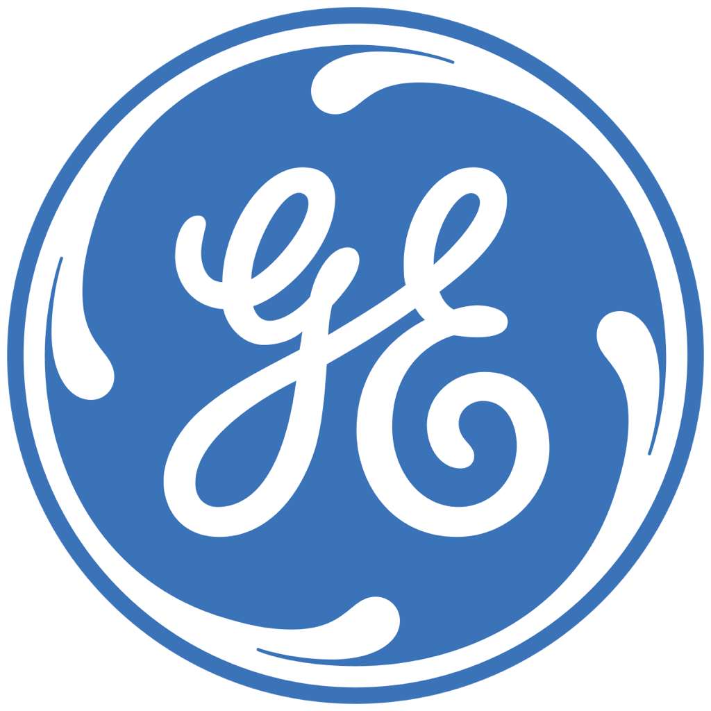 GE logo: white script "GE" within a blue circle, surrounded by a white outline and three stylized white swirls.