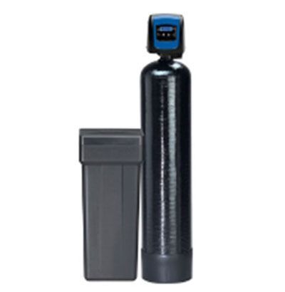 Water softener system: tall black tank with digital display, gray salt tank.