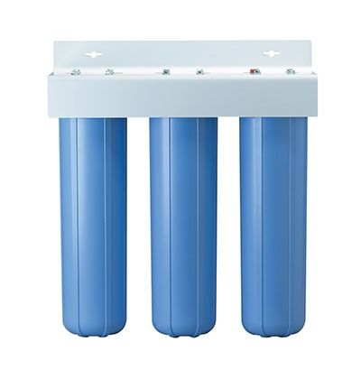 Blue whole house water filter with three cylindrical filter housings and a white mounting bracket.