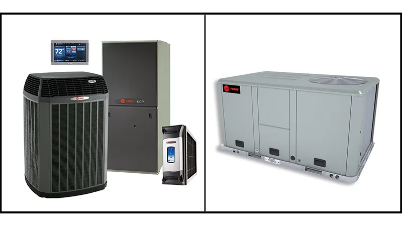 Two HVAC systems: one residential, with outdoor unit, furnace, and smart thermostat; the other a commercial rooftop unit.