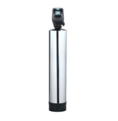 Stainless steel water softener with digital display on top.