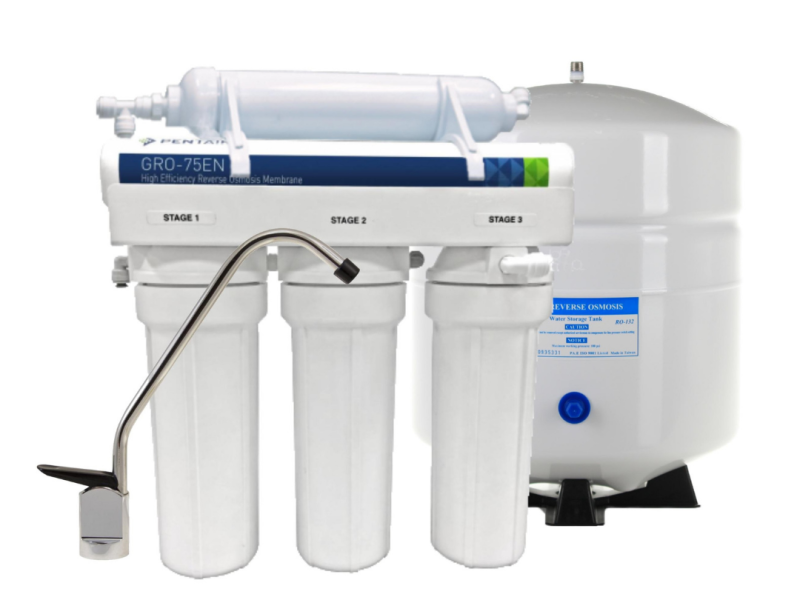 Reverse osmosis water filter system with three filter stages, storage tank, and faucet.