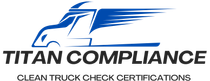 A blue and black logo for titan compliance clean truck check certifications.