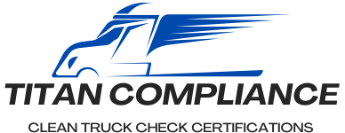 A blue and black logo for titan compliance clean truck check certifications.