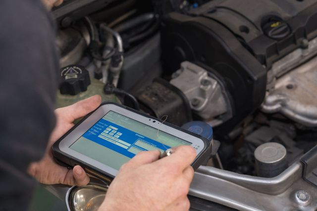 A person is using a tablet to check the engine of a car.