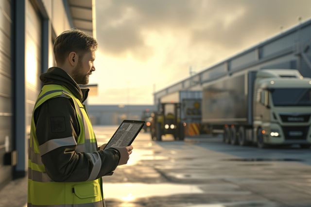 A man in a yellow vest is holding a tablet in front of a truck.