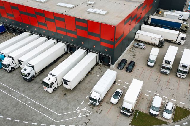 A bunch of trucks are parked in front of a warehouse.
