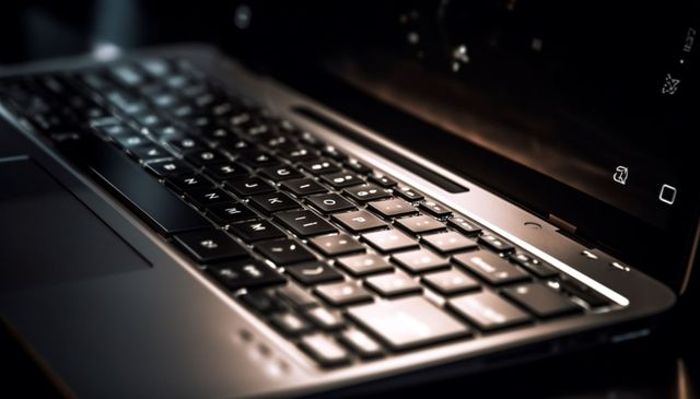 A close up of a laptop keyboard in a dark room