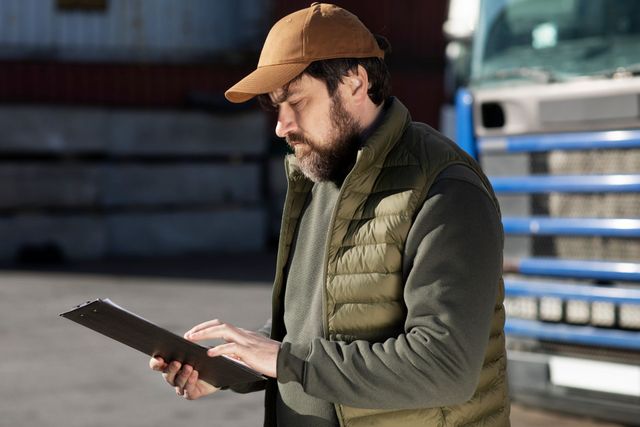 A man is standing in front of a truck looking at a clipboard.