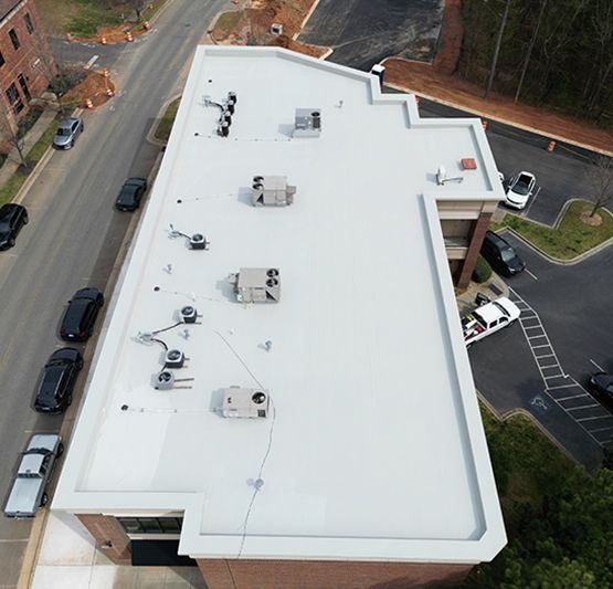 An aerial view of the roof of a building