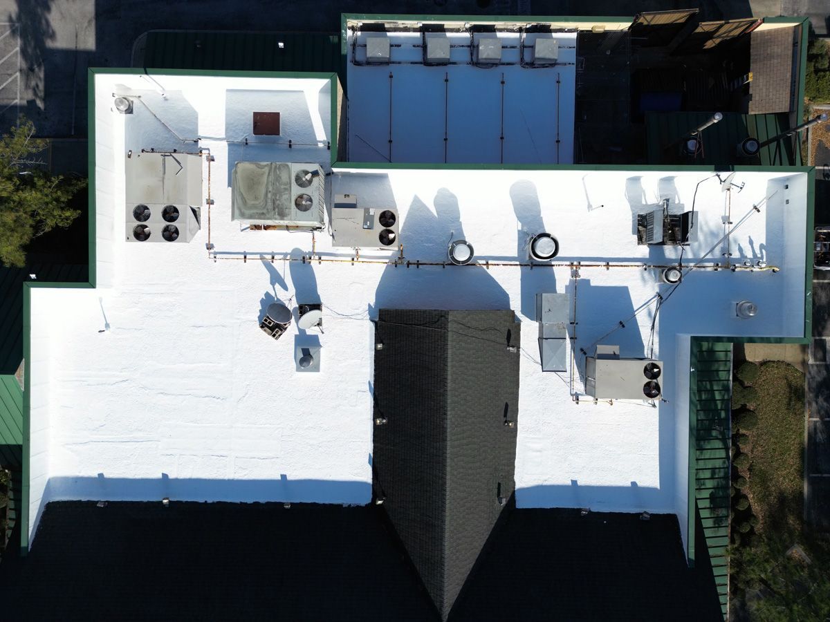 An aerial view of the roof of a building