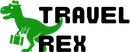Green dinosaur logo carrying luggage with the text “TRAVEL REX”
