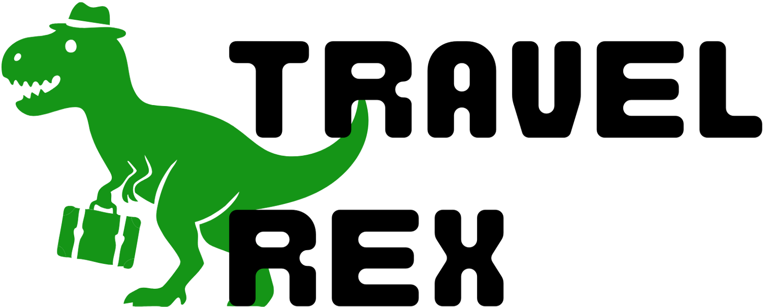 Green dinosaur logo carrying luggage with the text “TRAVEL REX”