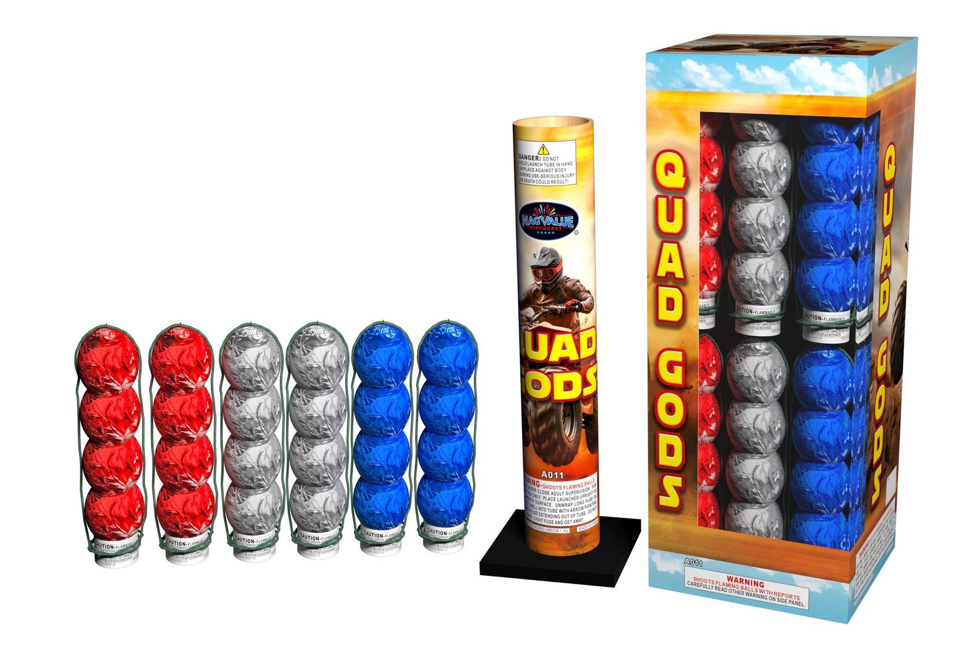 Display of colorful spherical candies in red, silver, and blue, plus a boxed package labeled “Quad Goo’s.”