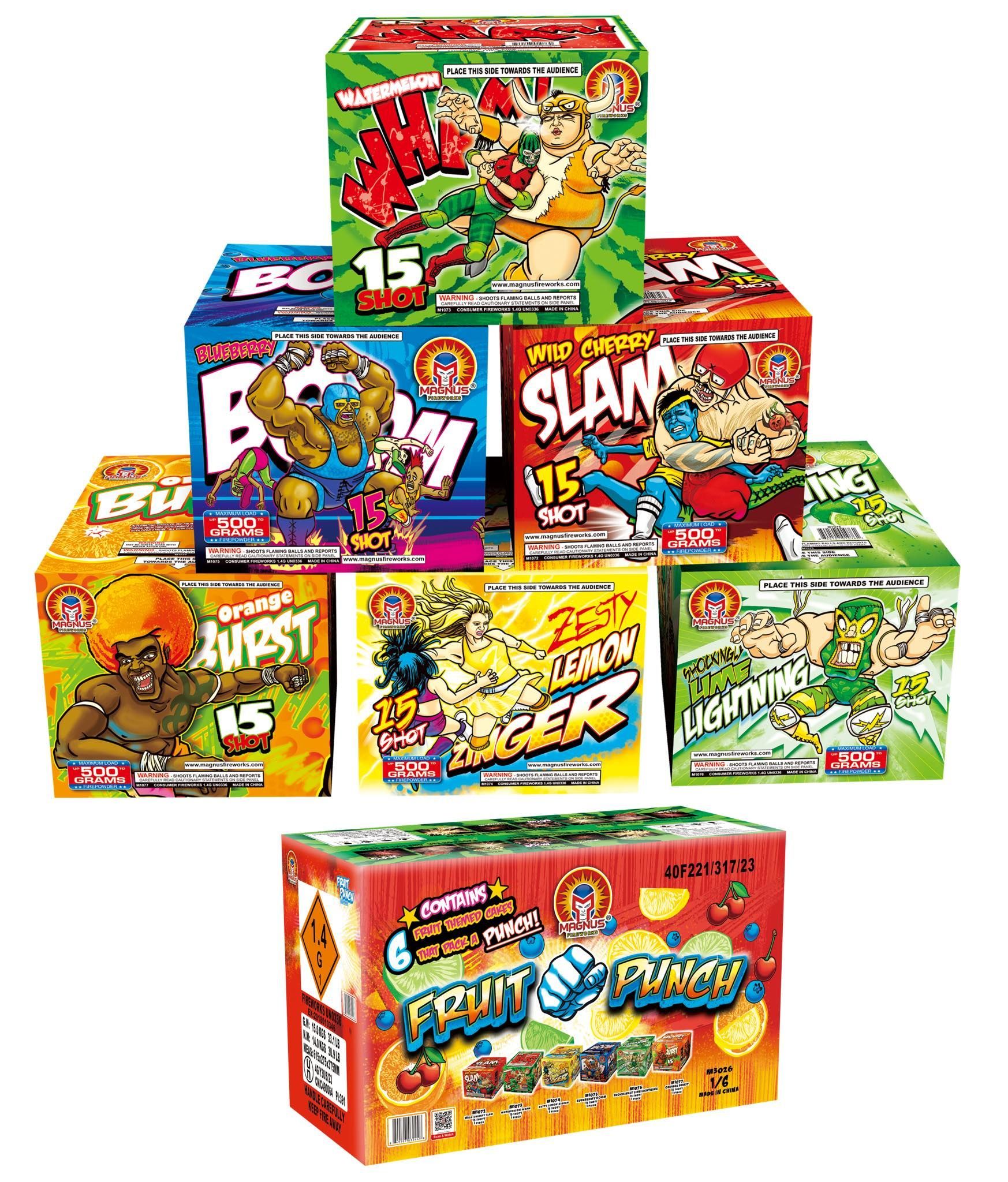 Stacked colorful boxes of fruit-flavored candy snacks with cartoon fruit illustrations.