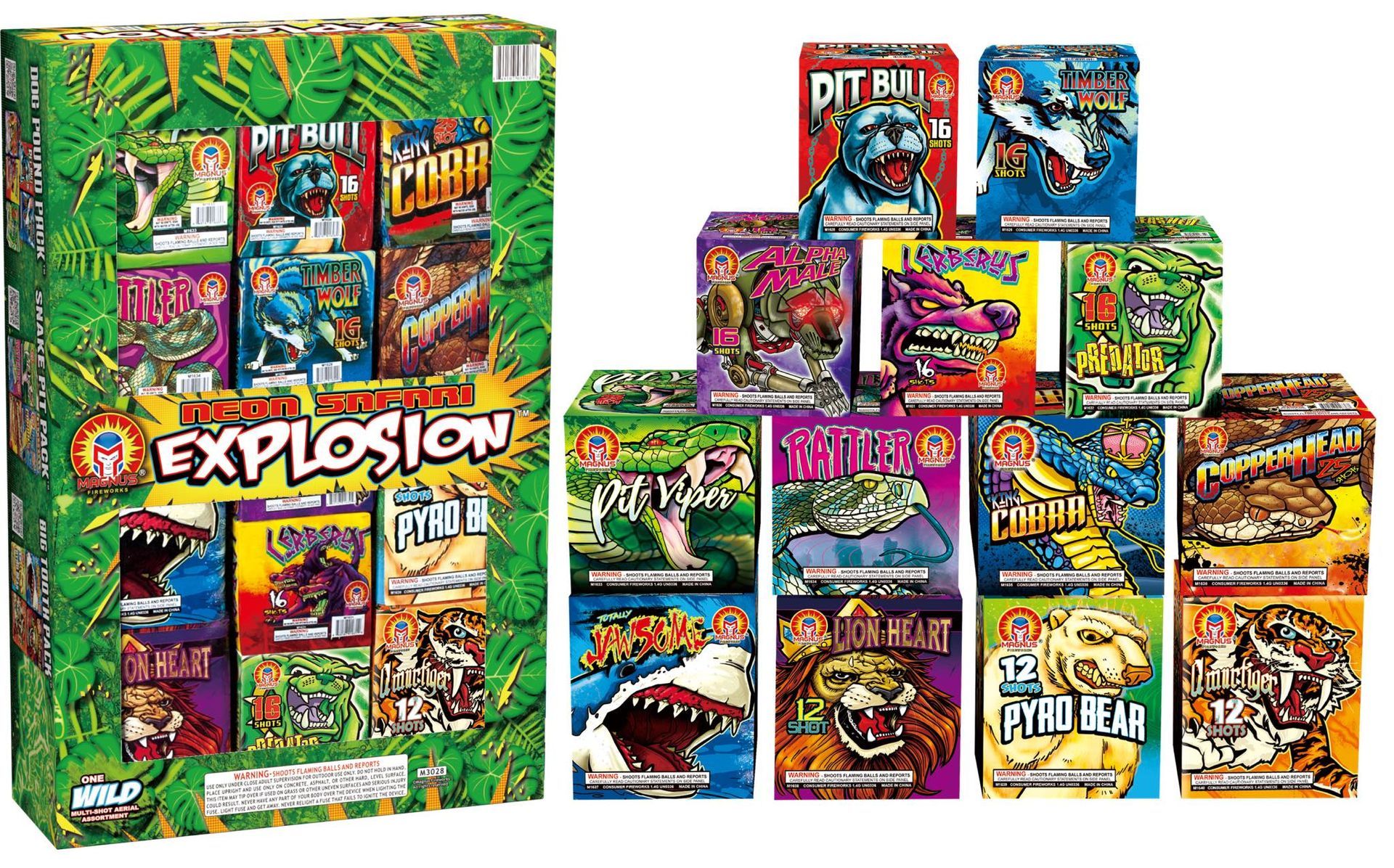 Colorful stack of assorted candy and snack boxes, with a large green “Explosion” box on the left.