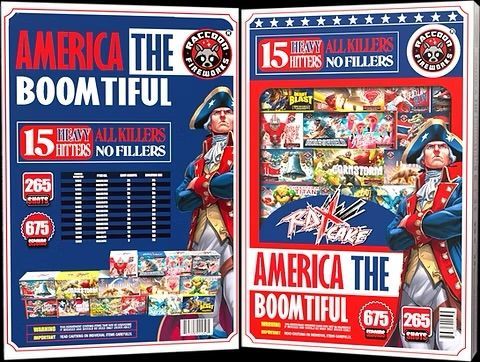 Two “America the Beautiful” fireworks boxes, red-white-blue packaging with fireworks imagery.