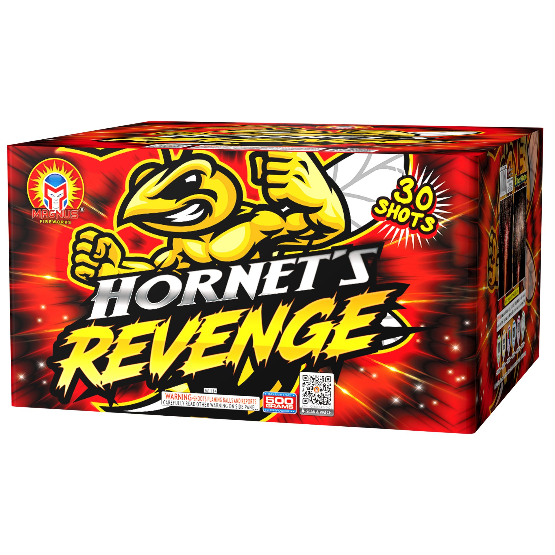 Hornet Revenge fireworks box with red, black, and yellow packaging, labeled 30 shots.