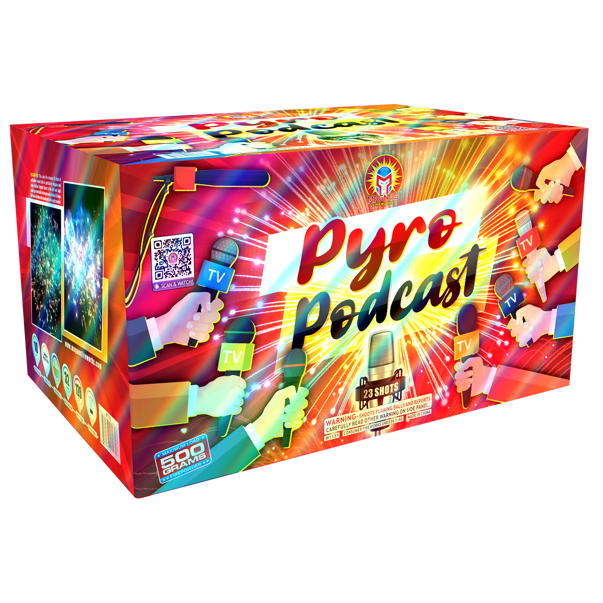 Colorful Pyro Podcast fireworks box with bright red, yellow, and purple burst graphics