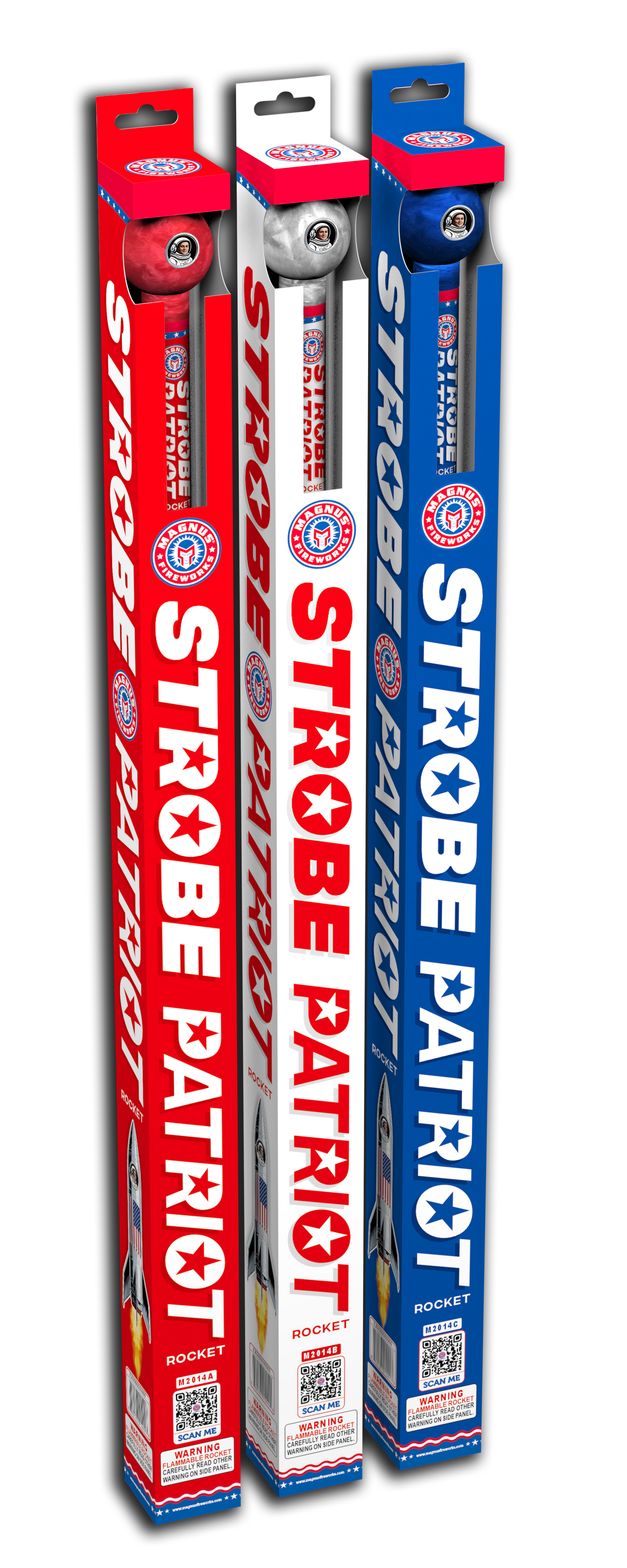 Three red, white, and blue Strobe Patriot firework tubes standing upright in packaging