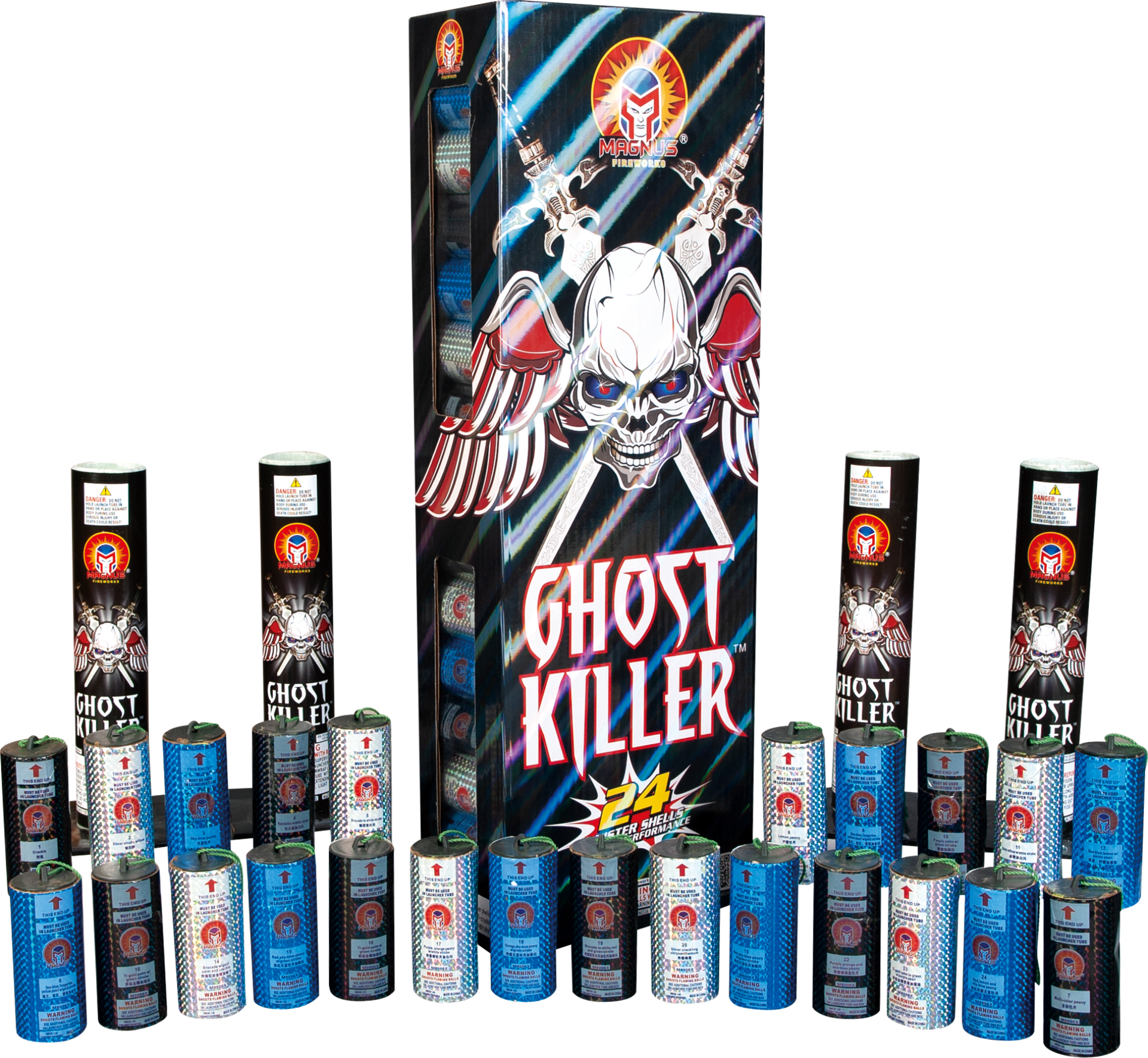 Assorted Ghost Killer fireworks arranged around a tall central box with skull artwork on a white background
