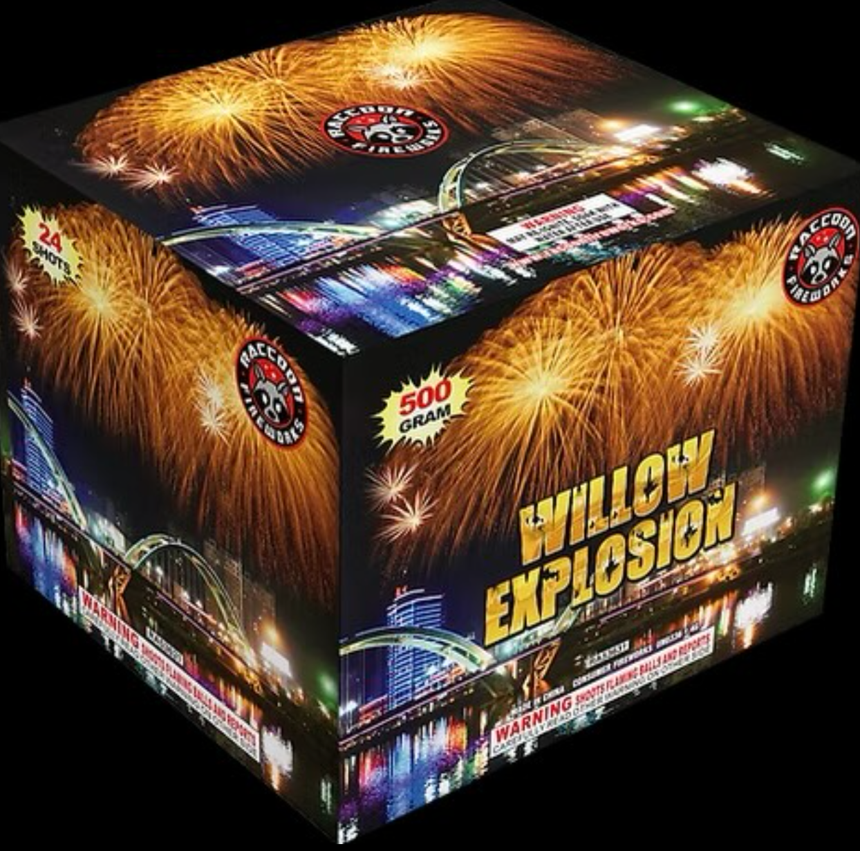 Boxed fireworks labeled “Willow Explosion” with gold bursts on a black package