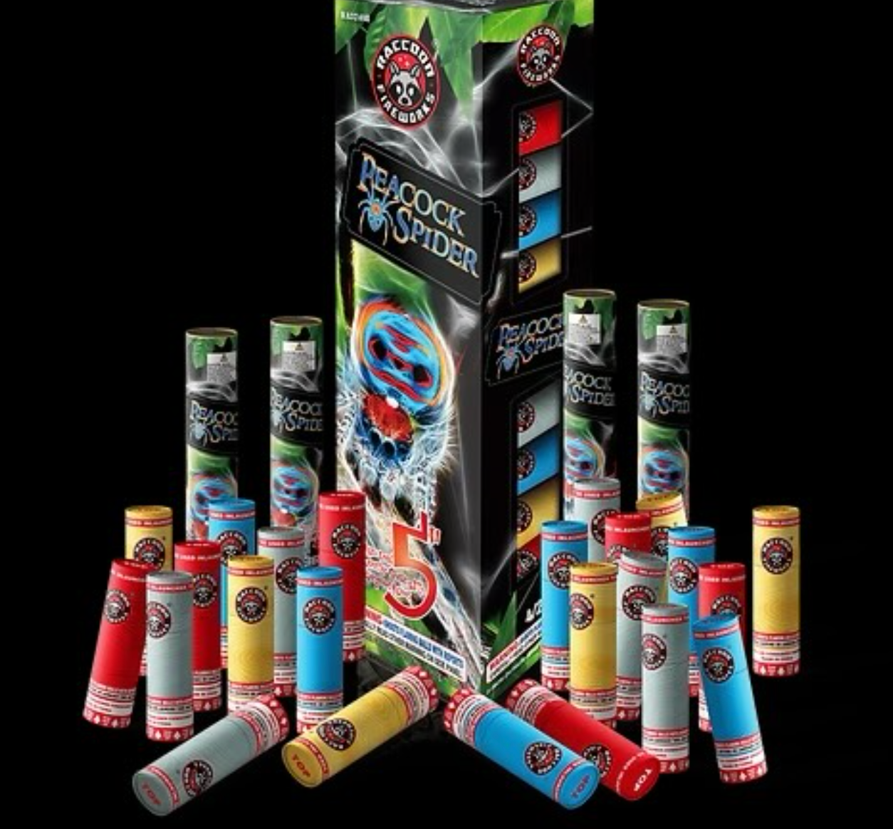 Assortment of colorful fireworks arranged around a tall central fireworks box on a black background