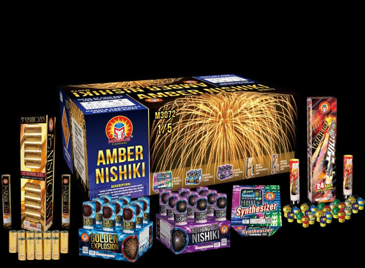 Assorted Amber Nishiki fireworks boxes and tubes on a black background, with a large gold burst design.