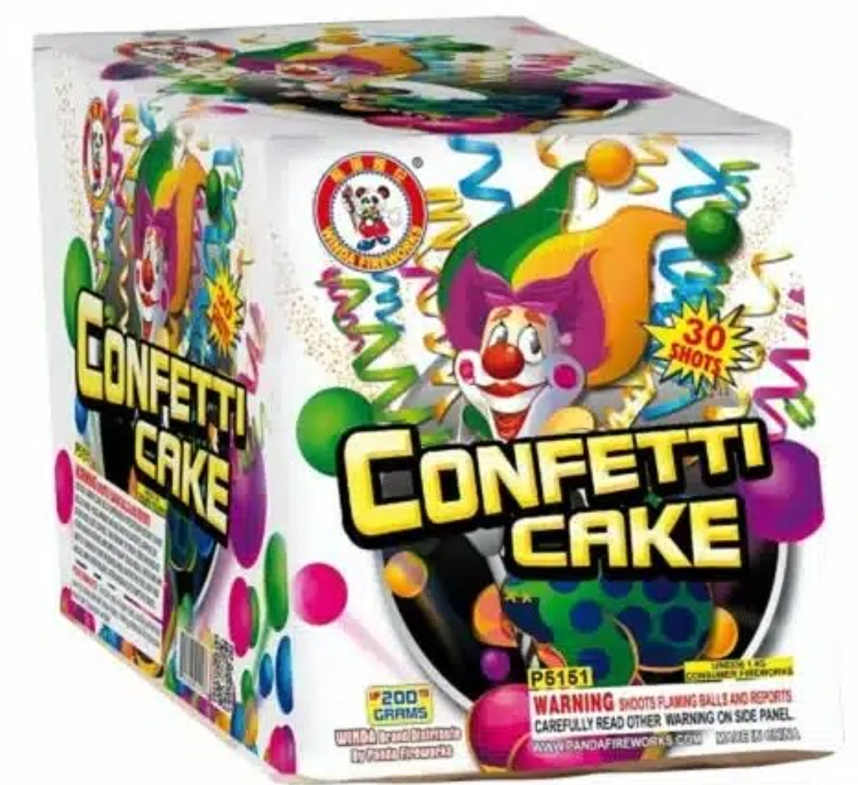 Colorful “Confetti Cake” fireworks box with clown graphic and confetti design