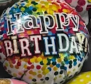 Colorful “Happy Birthday” balloon with polka dots and confetti pattern