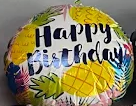 Happy Birthday text on a colorful balloon with floral and leaf decorations